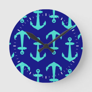 Seagreen Anchor On White Coastal Pattern Decor Round Clock
