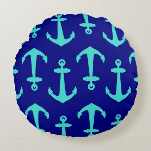 Seagreen Anchor On White Coastal Pattern Decor Round Cushion