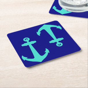 Seagreen Anchor On White Coastal Pattern Decor Square Paper Coaster