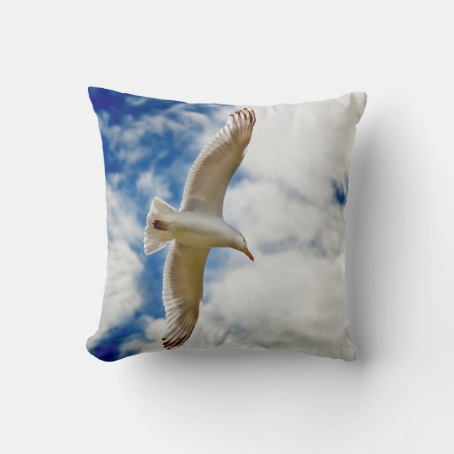 Seagul in flight with blue skies and white cloud, cushion (Front)
