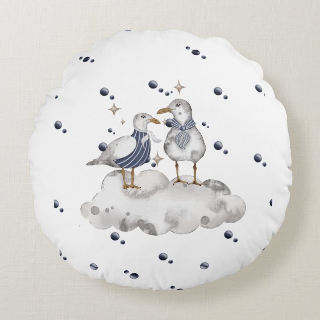 Seagull Adventure Baby – Nautical Nursery Round Cushion (Front)