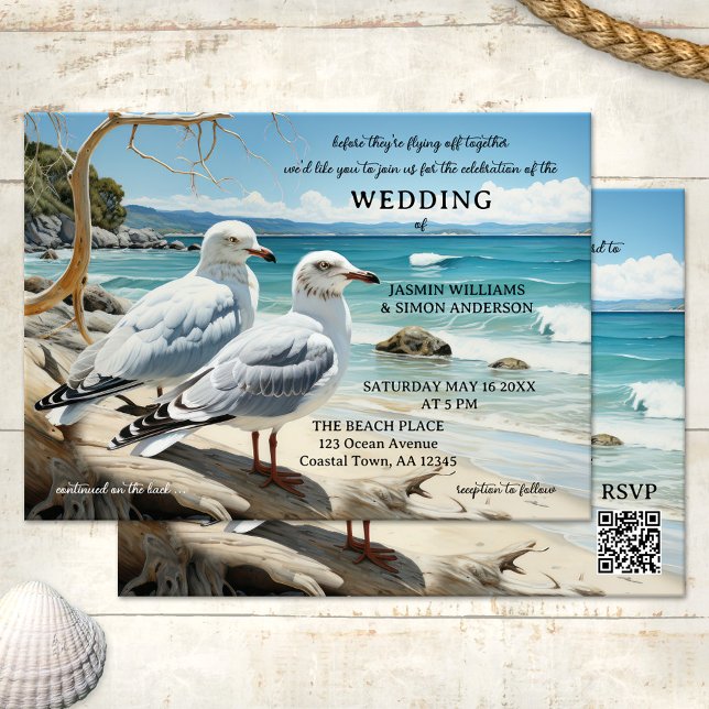 Seagull Beach Adventure All in One Wedding  Invitation (All in one wedding invitation featuring two seagulls looking out at the beach)