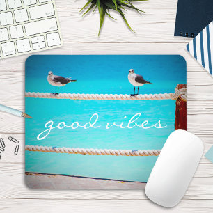 Seagull Beach Birds Photo Good Vibes Quote Script Mouse Pad