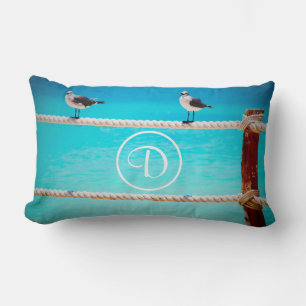 Seagull Bird Turquoise Ocean Photo Custom Monogram Lumbar Cushion