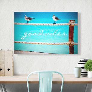Seagull Birds Ocean Photo Good Vibes Typography Canvas Print