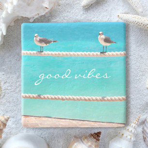 Seagull Birds Turquoise Ocean Photo Good Vibes  Stone Coaster