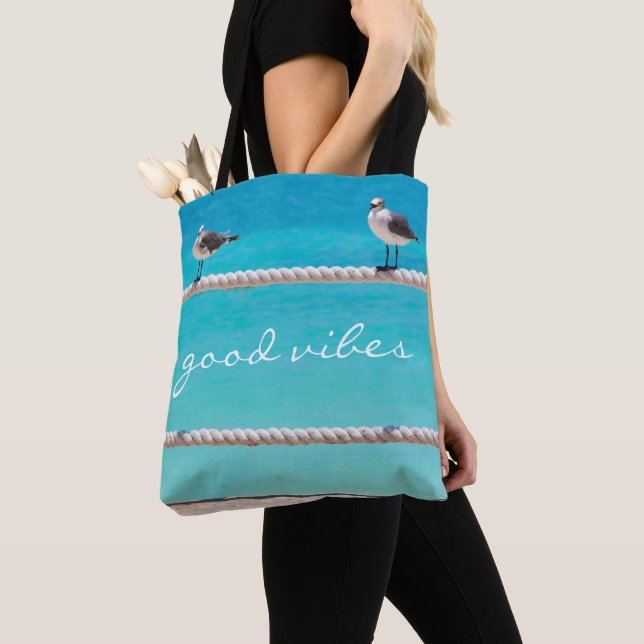 Seagull Birds Turquoise Ocean Photo Good Vibes Tote Bag (Close Up)