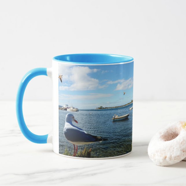 Seagull, Boats And The Ocean,   Mug (With Donut)