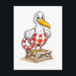 Seagull Comic Lifeguard Bird Postcard<br><div class="desc">A humorous seagull lifeguard wearing a vintage swimsuit and holding a rescue buoy stands proudly at the beach. This comic-style illustration blends coastal charm with playful character design,  perfect for fans of quirky seaside art,  nautical humor,  and whimsical bird characters.</div>