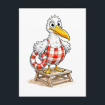 Seagull Comic Lifeguard Bird Postcard<br><div class="desc">A humorous seagull lifeguard wearing a vintage swimsuit and holding a rescue buoy stands proudly at the beach. This comic-style illustration blends coastal charm with playful character design,  perfect for fans of quirky seaside art,  nautical humor,  and whimsical bird characters.</div>