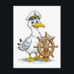 Seagull Comic Ship Captain Postcard<br><div class="desc">A proud captain bird stands behind a classic ship’s wheel,  dressed in full maritime style. This comic‑inspired illustration blends nautical charm with playful humor,  ideal for coastal art lovers and fans of quirky character designs.</div>