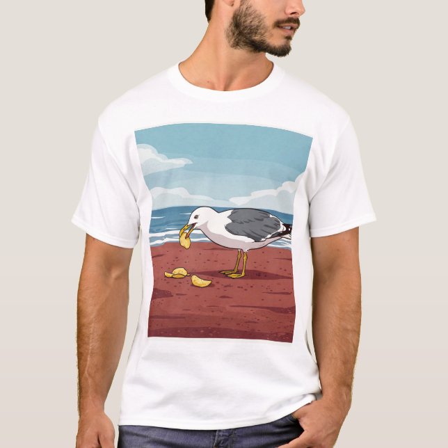 Seagull Eating a Chip on PEI Beach T-Shirt (Front)