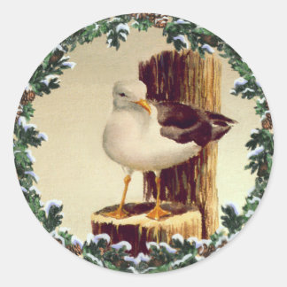 SEAGULL & FIR WREATH by SHARON SHARPE Classic Round Sticker