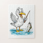 Seagull Fishing with Rod in Shallow Water Jigsaw Puzzle<br><div class="desc">Illustration of a seagull standing in shallow coastal water while holding a fishing rod with a caught fish. Maritime setting with expressive character elements.</div>