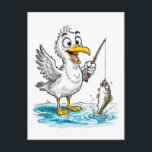Seagull Fishing with Rod in Shallow Water Postcard<br><div class="desc">Illustration of a seagull standing in shallow coastal water while holding a fishing rod with a caught fish. Maritime setting with expressive character elements.</div>