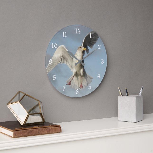 Seagull in Flight Photo Large Clock (Office)