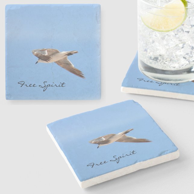 Seagull in Flight Photographic Blue Stone Coaster (Creator Uploaded)