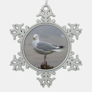 Seagull in Snow  Snowflake Pewter Christmas Ornament