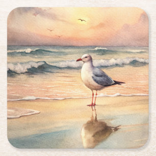 Seagull on a Beach Square Paper Coaster