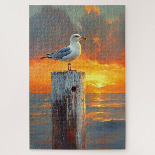 Seagull on a Pole Sunset Jigsaw Puzzle