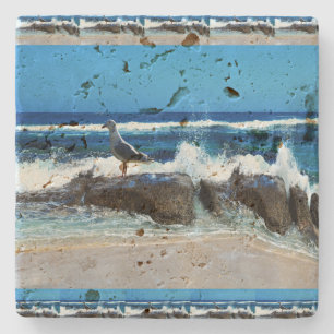Seagull On Beach Rocks, Stone Coaster