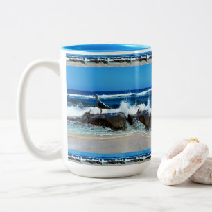 Seagull On Beach Rocks, Two-Tone Coffee Mug