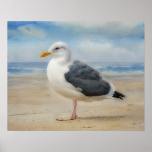 Seagull on the Beach Bird Art Poster