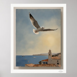 Seagull Over Rooftops Art Print, Coastal Sky Digit Poster
