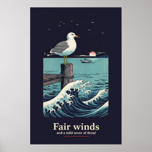 Seagull Pier Wave Woodblock Style Poster