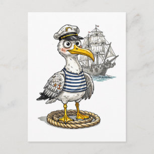 Seagull Sailor with Rope and Ship Background Postcard