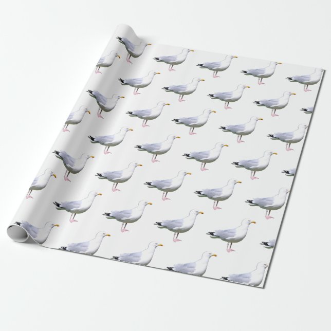 Seagull Standing Coastal Bird Wildlife White Wrapping Paper (Unrolled)