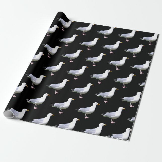 Seagull Standing Posing Nature Bird Beach Black Wrapping Paper (Unrolled)