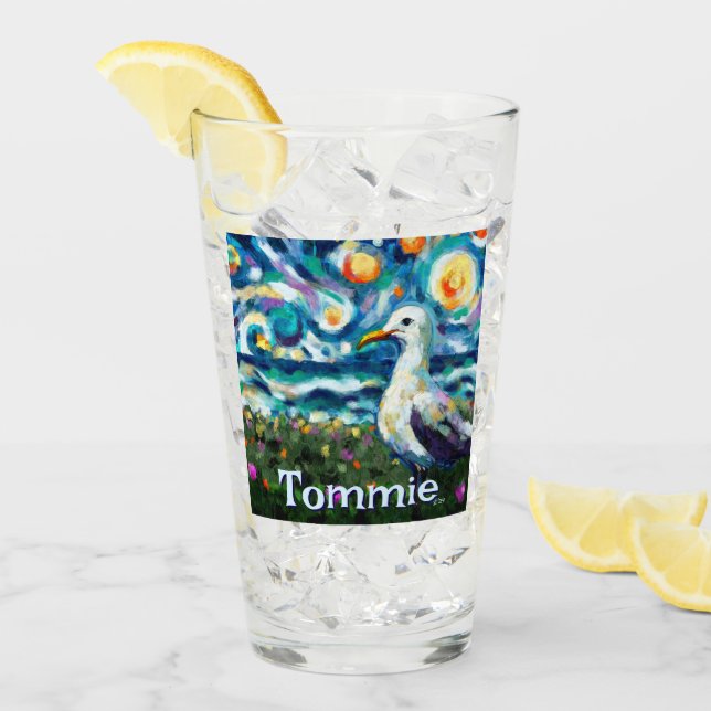 Seagull Van Gogh Style Beach Personalised Glass (Front Ice)