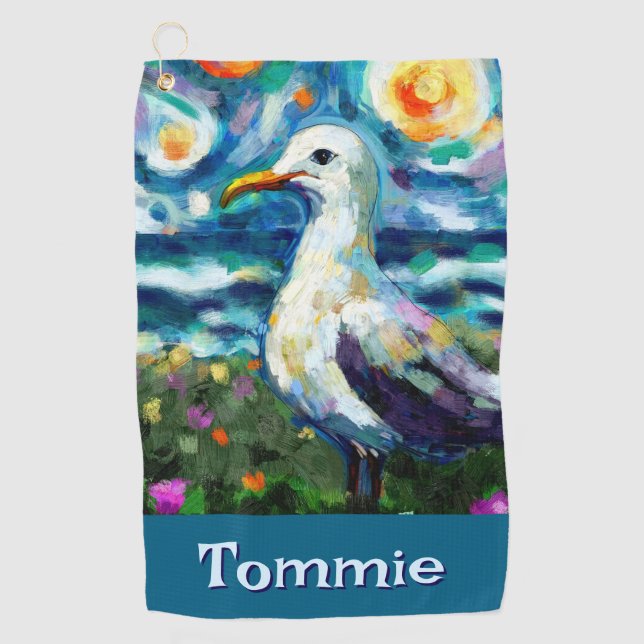 Seagull Van Gogh Style Beach Personalised Golf Towel (Front)