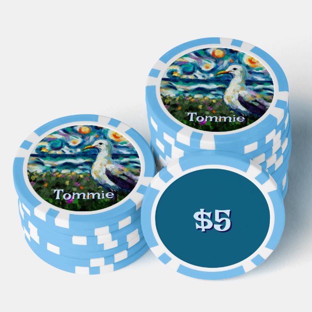 Seagull Van Gogh Style Beach Personalised Poker Chips (Stack)