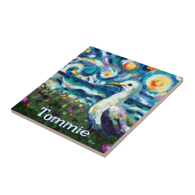 Seagull Van Gogh Style Beach Personalised Tile (Side)