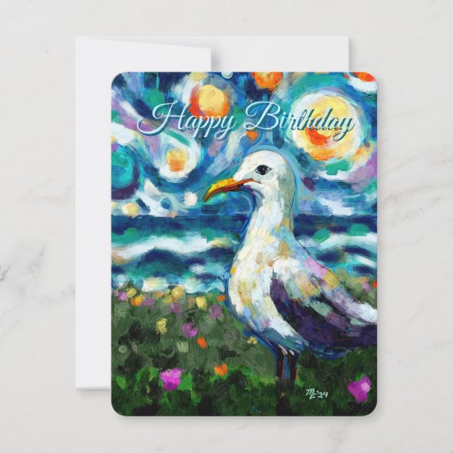 Seagull Van Gogh Style Beach Sky Birthday Card (Front)