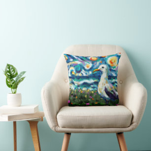Seagull Van Gogh Style Beach Sky Blue Teal  Cushion
