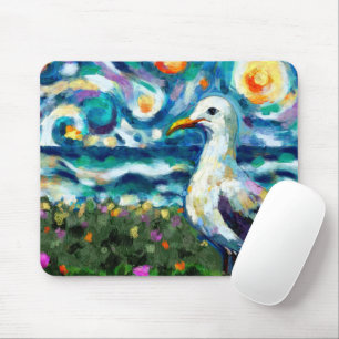 Seagull Van Gogh Style Beach Sky Blue Teal Mouse Pad