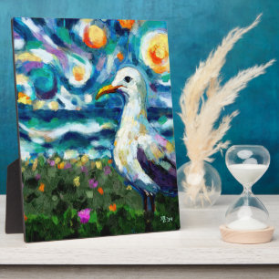 Seagull Van Gogh Style Beach Sky Blue Teal Plaque