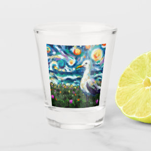 Seagull Van Gogh Style Beach Sky Blue Teal  Shot Glass