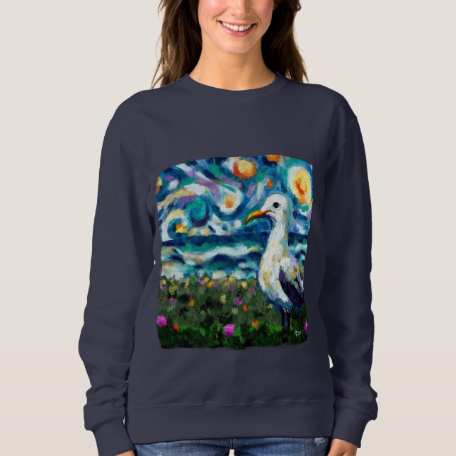 Seagull Van Gogh Style Beach Sky Blue Teal Sweatshirt (Front)
