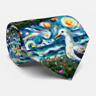 Seagull Van Gogh Style Beach Sky Blue Teal Tie