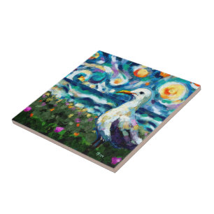 Seagull Van Gogh Style Beach Sky Blue Teal Tile