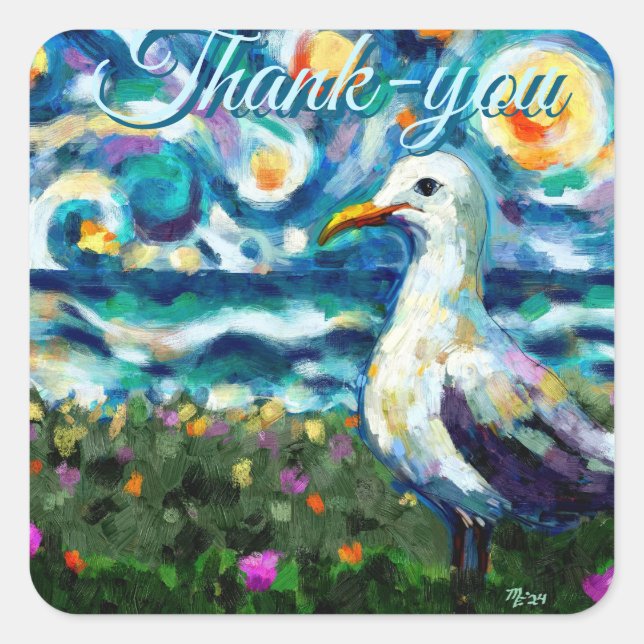 Seagull Van Gogh Style Beach Sky Thank-you  Square Sticker (Front)
