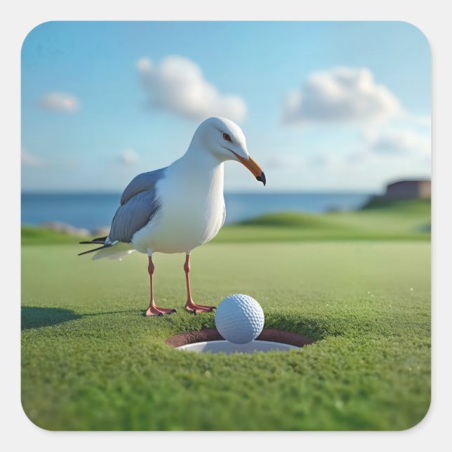 Seagull With a Hole-In-One Golf Ball Square Sticker (Front)