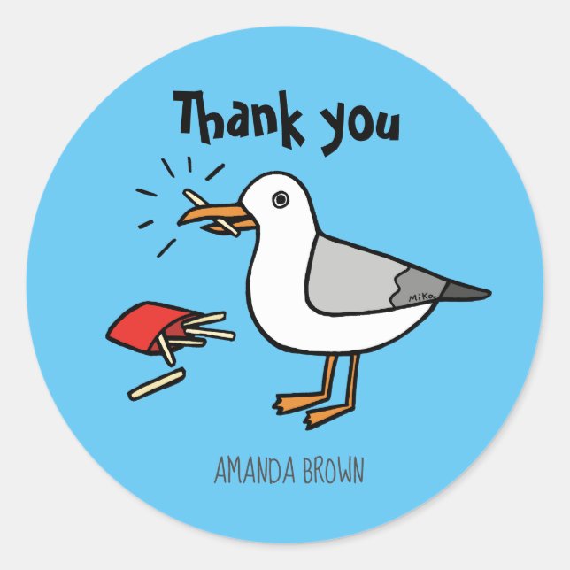 Seagull with French Fry Custom Name Thank you Classic Round Sticker (Front)