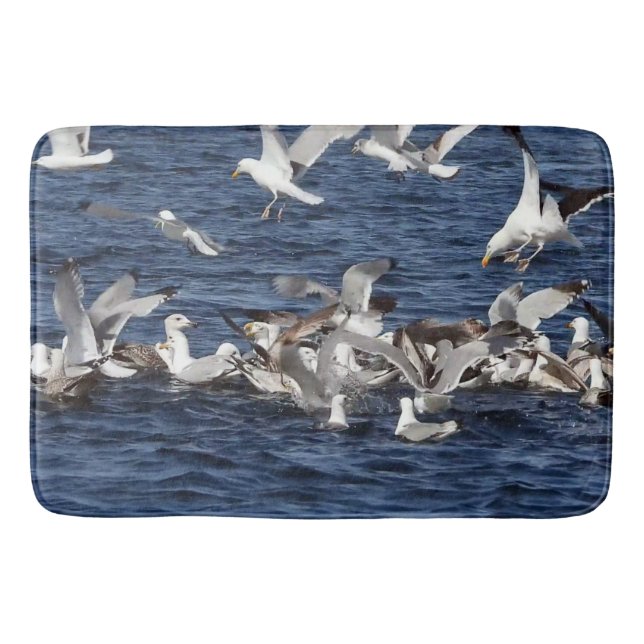 Seagulls Feeding on Sand Eels Over Ocean Art Bath Mat (Front)