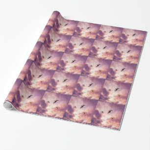 Seagulls flying in a sunset sky wrapping paper