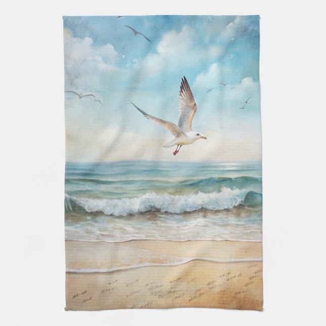 Seagulls Flying on a Beach Tea Towel (Vertical)